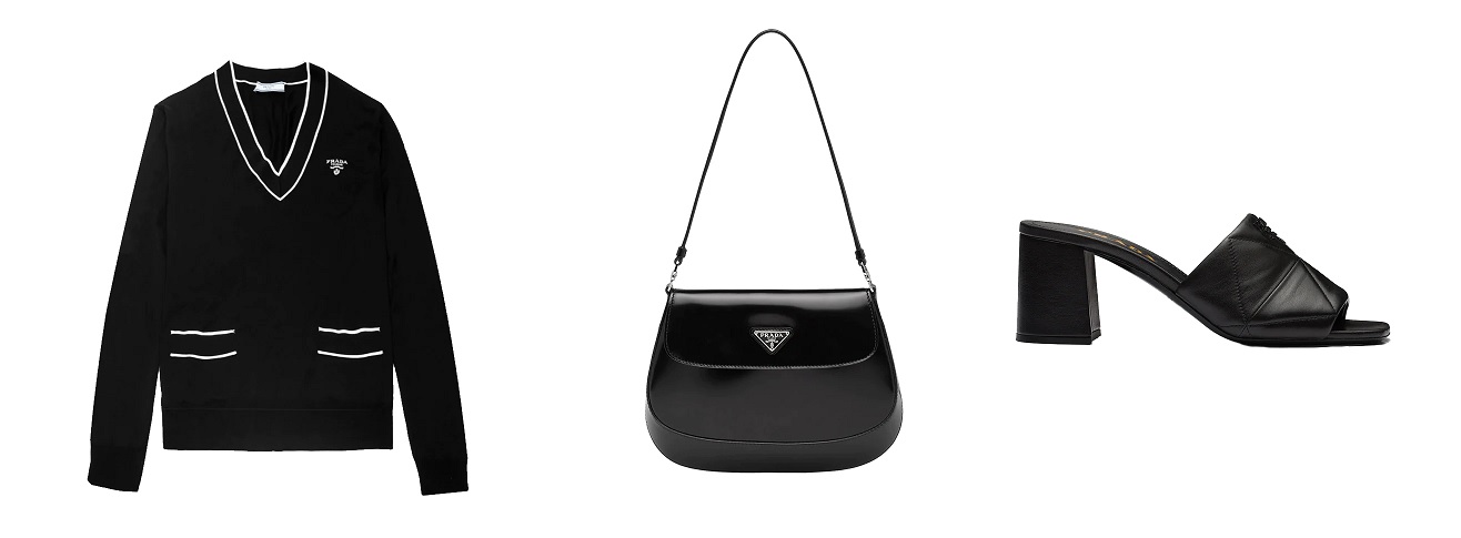Prada and Thom Browne, Dua Rekomendasi Brand Dari Voila.id Untuk Tampil Stylish Dengan Gaya Timeless 15 , Thom Browne PRADA Two Tone Knitted Vest Black White, PRADA Cleo Brushed Leather Flap Shoulder Bag Black, PRADA Quilted Nappa Leather Sandals Heels 65mm Black