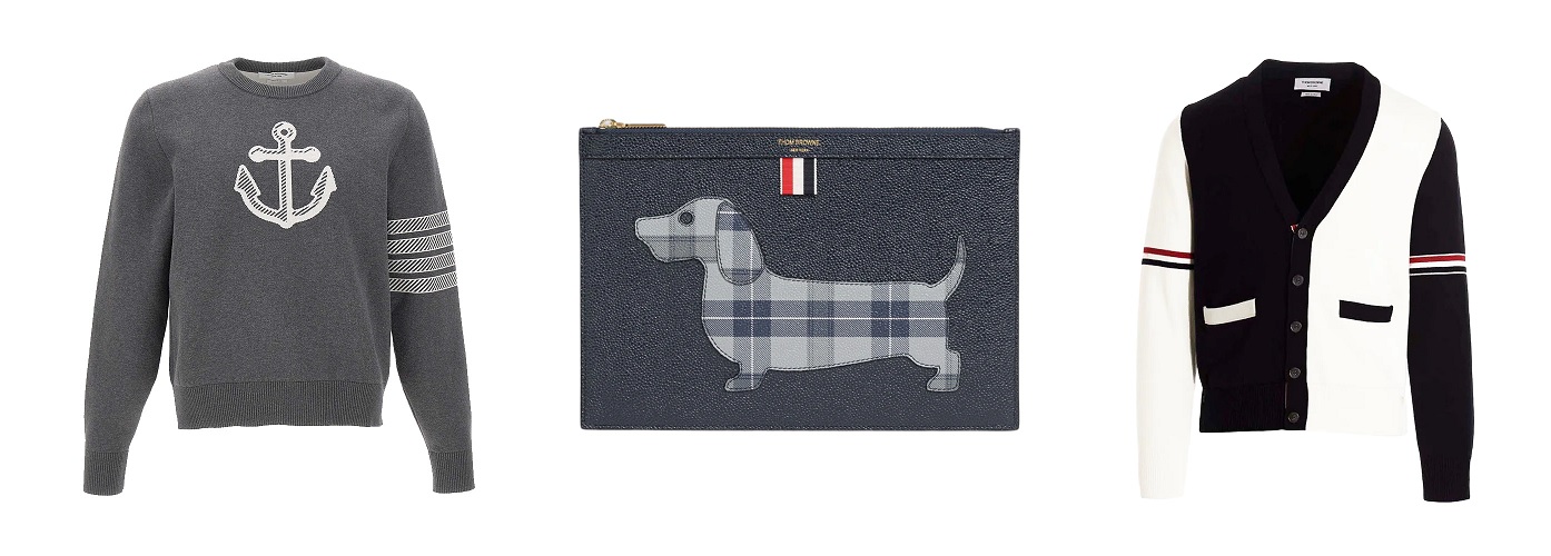 Prada and Thom Browne, Dua Rekomendasi Brand Dari Voila.id Untuk Tampil Stylish Dengan Gaya Timeless 16 , Thom Browne THOM BROWNE Anchor Jacquard 4-Bar Sweatshirt Grey, THOM BROWNE Tartan Hector Clutch Small Pebble Grained Leather Navy, THOM BROWNE Color Block V-Neck Button Cardigan Black White